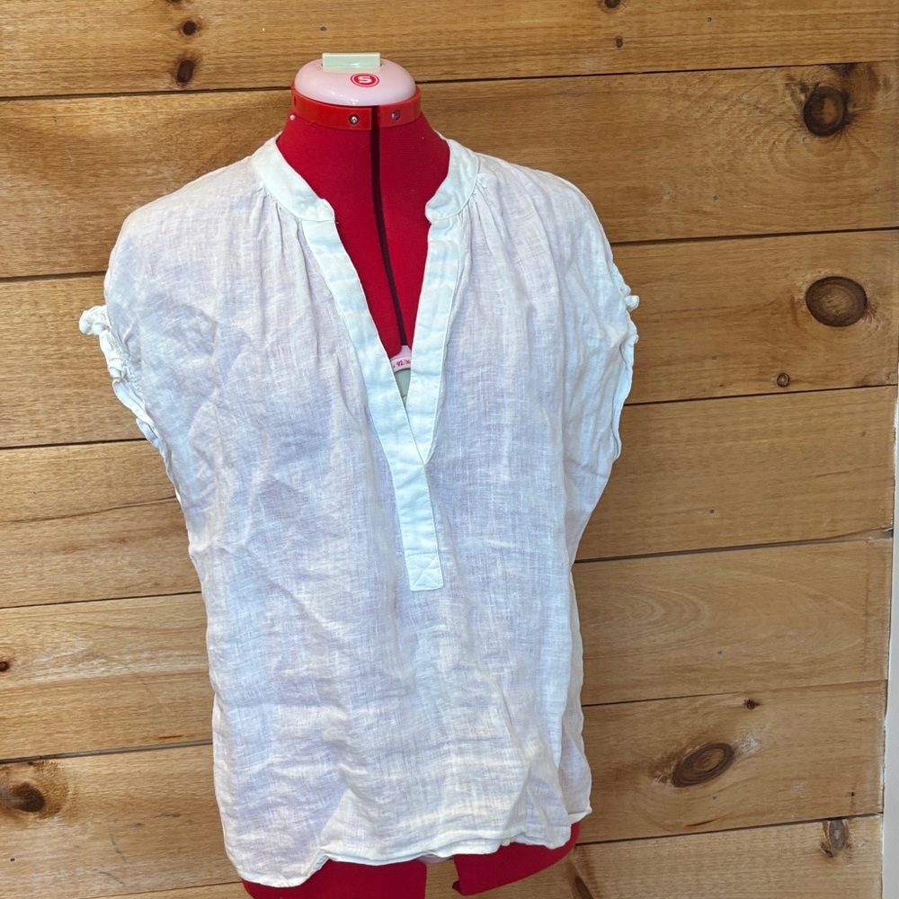 Anthropologie White Linen-Blend Split V-Neck Polo Top